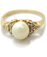 sz 3.5 14Kt Yellow Gold Pearl Ring 6 Diamonds 5mm Cultured White 1.4g Vi... - £212.87 GBP