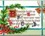 Christmas Day Blessings Holly Bells Ribbon Gilt Embossed DB Postcard I10 - $6.88