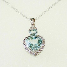 Blue Topaz Tiny Diamond Heart Pendant Necklace 14k white gold over 925 SS - $48.50