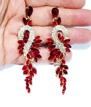 Chandelier CLIP On Earrings, Rhinestone Red Earrings, Dangle Crystal Earrings, B - £27.73 GBP