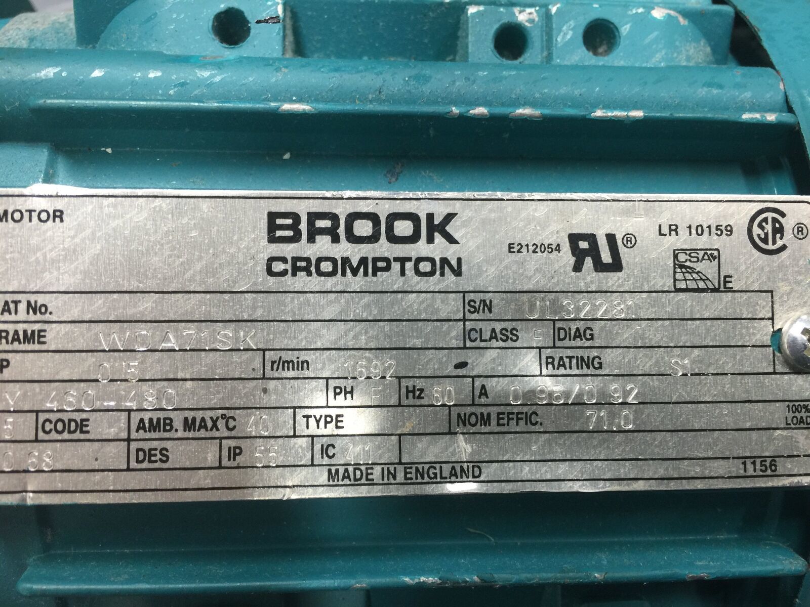 BROOK COMPTON W-DA71SK MOTOR .5HP 480VAC 50/60HZ  (TESTED) - $119.00