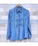 Driftwood Lana Floral Embroidered Chambray Shirt Blue Tencel Boho Womens... - $59.39