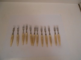 Vintage 12  Mini Stainless  Appetizer/Cocktail Forks Ivory  Gold Colored... - $11.30