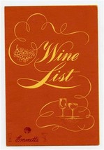 Emmett&#39;s Wine LIst and Set Ups Menu 1940&#39;s New York  - £14.21 GBP