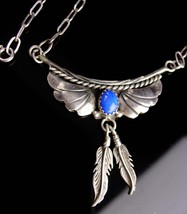 Vintage Sterling Necklace - lapis indian pendant - Hippie feather necklace - tri - £130.48 GBP