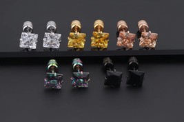 Surgical Steel Square CZ Crystal Ear Stud Earrings Screw Back Jewelry Women Men - £8.03 GBP