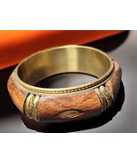 Vintage Wood &amp; Brass Bangle Bracelet 1970s Boho Ethnic Style - $35.99