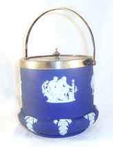 Antique Wedgwood Jasperware Blue Colored Covered Biscuit Barrel Silver-plate Lid - £174.30 GBP