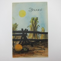 Antique Postcard Autumn Fall Harvest Corn Pumpkin Fence Shucks! Pun Lima Ohio - £7.97 GBP