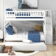 Full over Full Bunk Bed with Trundle and Staircase, White - £503.71 GBP