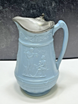 Antique Relief Molded Pitcher Jug Drabware Pewter Hinged LId Old &amp; Young Couple - £68.62 GBP