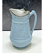 Antique Relief Molded Pitcher Jug Drabware Pewter Hinged LId Old &amp; Young... - £68.15 GBP
