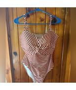 Kona Sol one piece striped swimsuit orangish brown white size Large - $475.17 MXN