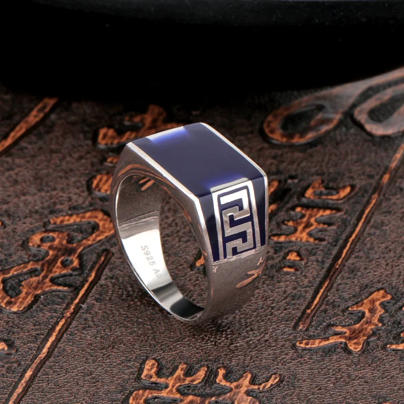 New Solid Pure 100% S925 Sterling Silver Rings With Blue or Black High-Quality C - £39.50 GBP