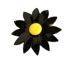 VTG Flower Pin Brooch Vinyl Faux Black Patent Leather Yellow Center Cloth Daisy - £11.70 GBP