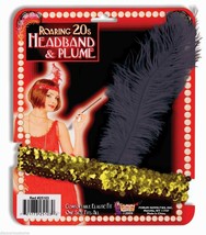 Gold Sequin Flapper Headband w/ Black Plume Adult Halloween Costume Accessory - £3.00 GBP