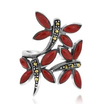 Red Coral/Marcasite 3-Dragonfly .925 Silver Ring-6 - £17.44 GBP