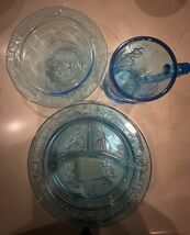 Vintage Tiara Glass Mother Goose 4pc Nursery Rhyme Dish Set Aqua Blue Pr... - $29.42