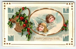 Christmas Postcard Cherub Angels Embossed Vintage 1911 Festive Basket Holly - £11.53 GBP