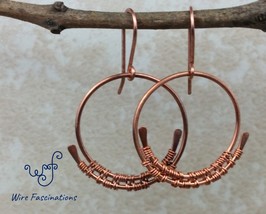 Handmade solid copper earrings: wire wrapped medium spiral hoops - £21.58 GBP