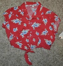 Womens Crop Top Adam Levine Tie Waist Short Sleeve Button Front Red Flor... - $7.92