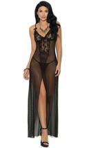 Mesh Lace Night Gown Long Length Front Slit G-String Lingerie Set Black 1978 - £20.20 GBP+