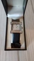 Vernier crystal bezel rectangle women&#39;s quartz watch w/black satin/leath... - £17.06 GBP