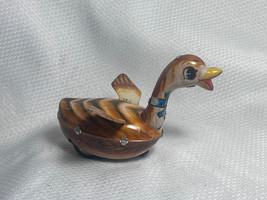 Vtg Tin Litho Toy Blue Eyed Blue Ribbon Duck W/ Wings Rolling Waddler On Wheels - $29.95