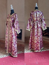 Vintage Maroon Metallic Brocade kaftan with Gold, Boho one size Moroccan... - £165.23 GBP