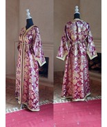 Vintage Maroon Metallic Brocade kaftan with Gold, Boho one size Moroccan... - £165.53 GBP