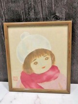 Mid Century Japanese Asian Framed Original Watercolor of Girl w Scarf Ha... - $94.05