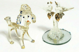 2 Miniature Spun Glass Figurines Poodle Dog, Birds Arts &amp; Crafts Contemporary  - £19.62 GBP