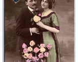 RPPC Tinted Beatiful Woman and Man w Flowers Bonne Annee New Year Postca... - £3.99 GBP