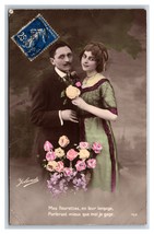 RPPC Tinted Beatiful Woman and Man w Flowers Bonne Annee New Year Postcard U22 - £3.97 GBP