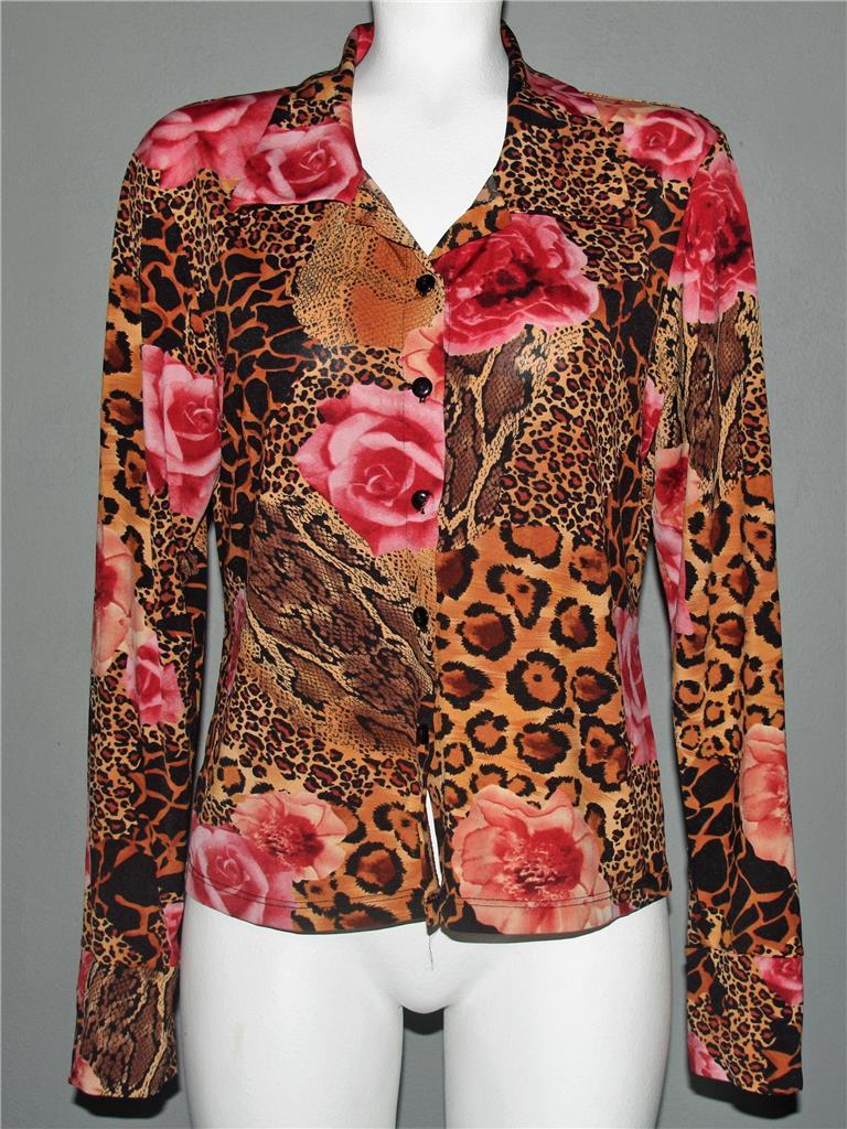 No Boundaries Leopard Snake Giraffe Cheetah Roses Button Front L/S Blous... - $19.99