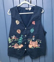 Vintage Halloween Fall Harvest Black Cat In Pumpkin Navy Vest Size 24W - £18.69 GBP