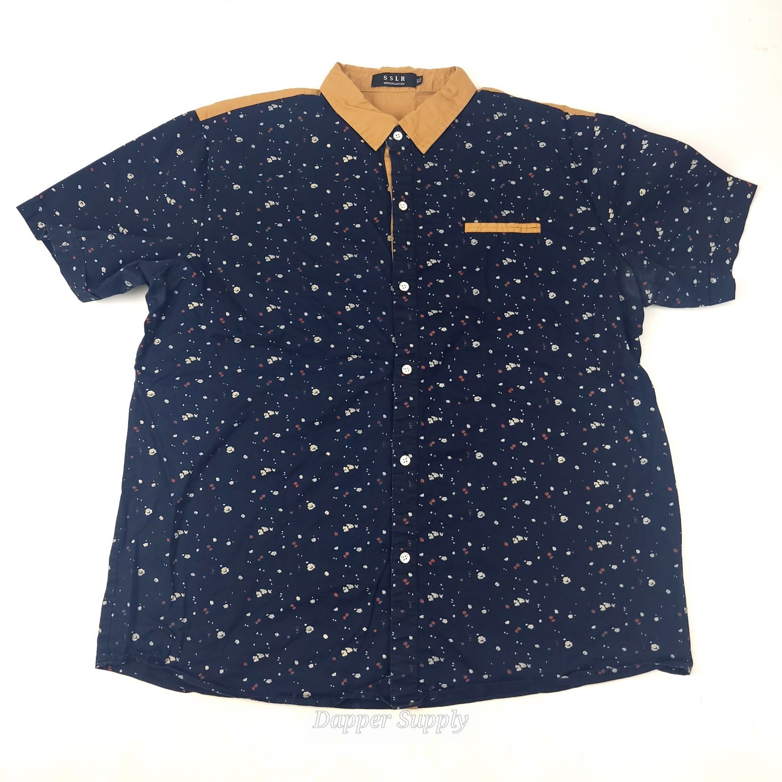 SSLR Shirt Mens XL Short Sleeve Button Up Navy Brown Floral Pattern Casual - $14.75