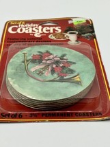 Vintage Christmas Coasters Set of 6 Round Holiday Brass Horn Bow Cork Plastic - £13.60 GBP