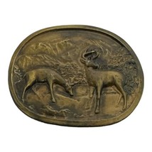 Vintage Indiana Metal Craft Buck &amp; Doe Whitetail Deer Brass Tone Belt Buckle - £11.88 GBP