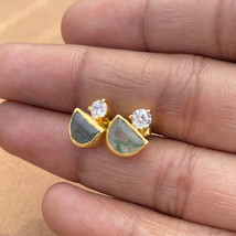 D Shape Moss Agate Earrings Vermeil Natural Agate Studs Anniversary Gift for Her - £48.56 GBP+