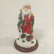 International Santa Claus Bringing Toys Trumpet Blue Coat Walk Stick Wood Base - £22.57 GBP