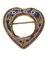 Vintage Cloisonné Heart-Shaped Brooch Lavender Floral in Gold-Tone Setting - $221.44 MXN