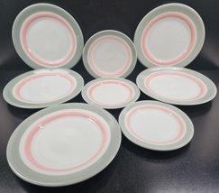 8 Pc Shenango Pink Gray Band Dinner Salad Plates Set Vintage Restaurant Ware Lot - £63.20 GBP
