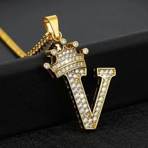1.25Ct Real Moissanite Crown Initial Letter &quot;V&quot; Pendant 14K Yellow Gold Plated - £104.60 GBP