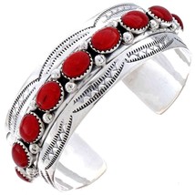 Navajo Deep Red Coral Sterling Silver Row Bracelet Womens Mens Cuff s6.5-7.5 - £260.35 GBP+