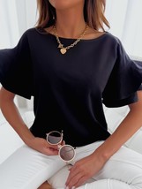 Women 2022 Summer Elegant Solid Ruffle Blouse Shirts Office Lady Fashion O-Neck  - £44.70 GBP