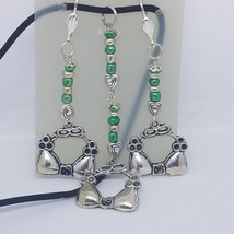 Necklace Earring Silver Bra Top 1/2 &quot; Charm Silver Green Bead Black Leat... - $15.00