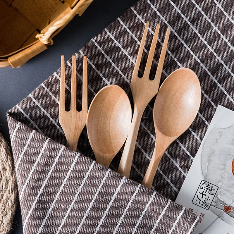 4Pcs Fork Spoons Set Wooden Spoon Table Forks Soup Spoon Dining Fork Cut... - $22.98