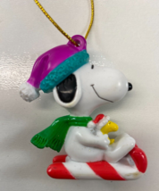SNOOPY Woodstock Riding Candy Cane Sled 2.25 in  Christmas Ornament - £10.11 GBP