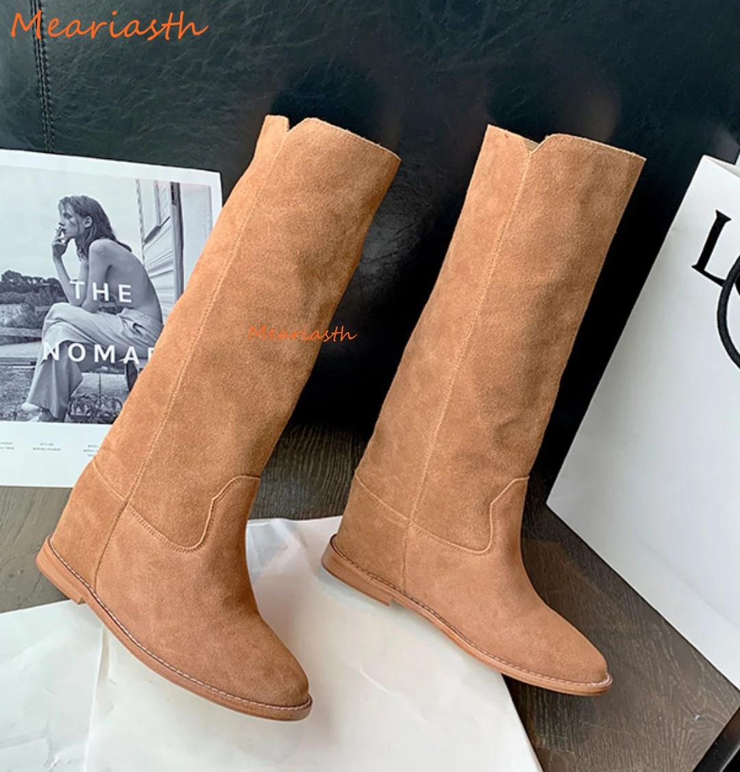 Etroe suede knee high boots women chunky heel cowboy high boots point toe made old long thumb200